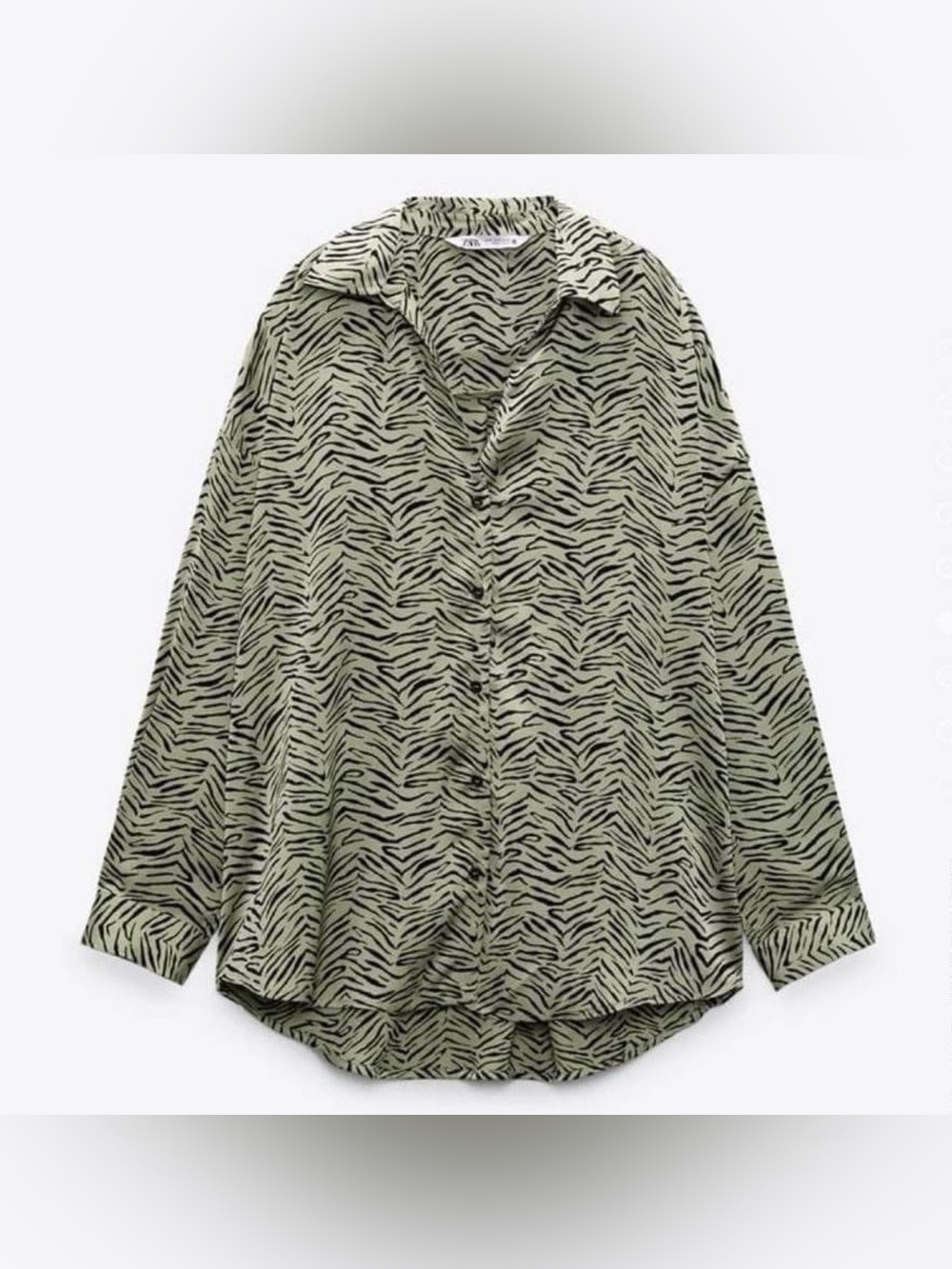 Zara Silky Zebra Print Button Down Blouse Sage Green Safari Street Style Chic